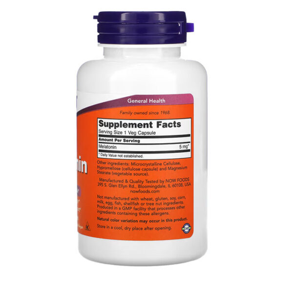 NOW Melatonine 5 mg , 60 capsules – Image 2